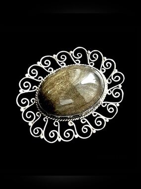 Los Ballesteros vintage sterling silver 925 obsidian brooch pin